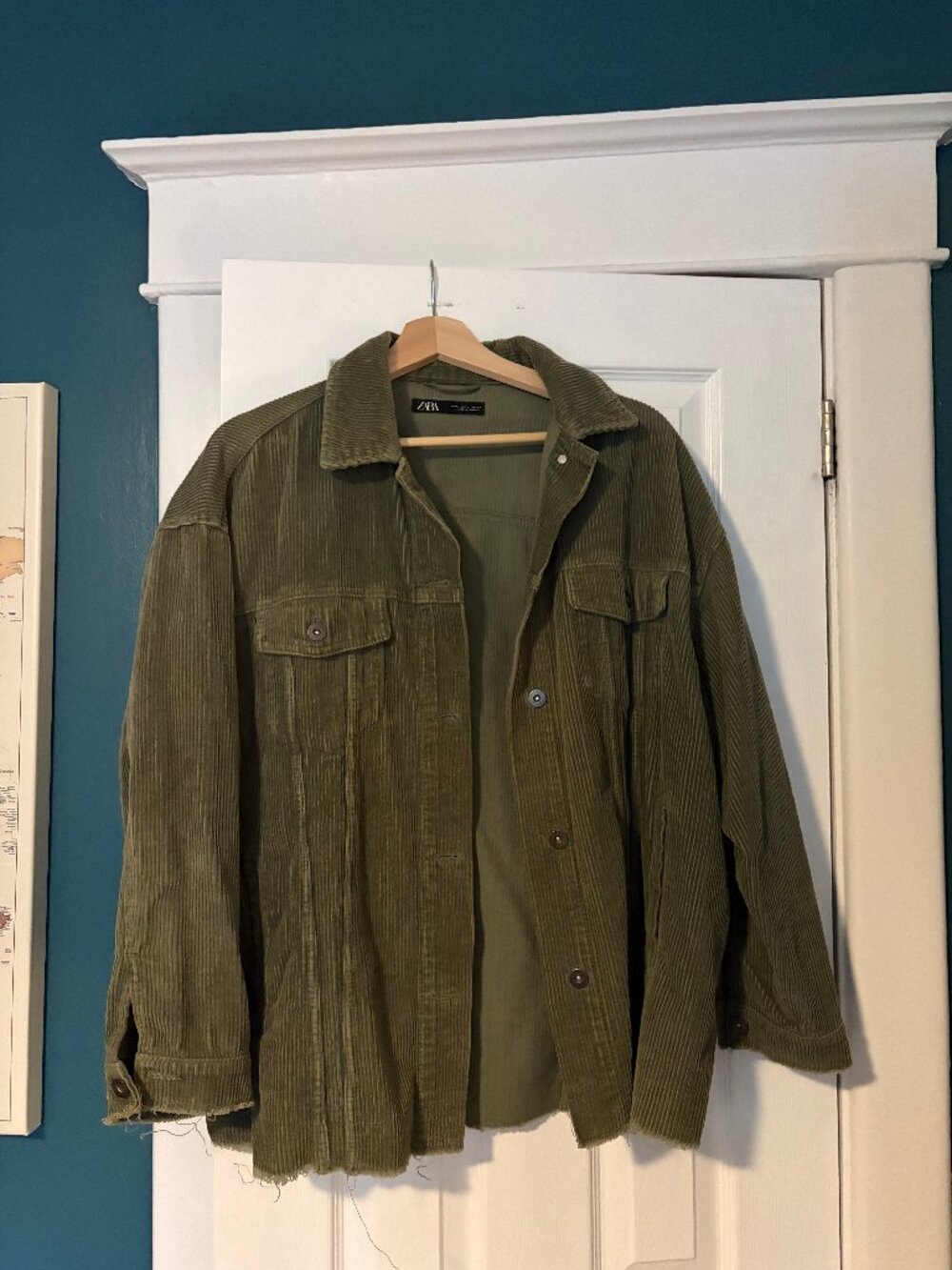 Zara Oversized Wide Wale Corduroy Shacket Olive Green Raw Hem Jacket Size L
